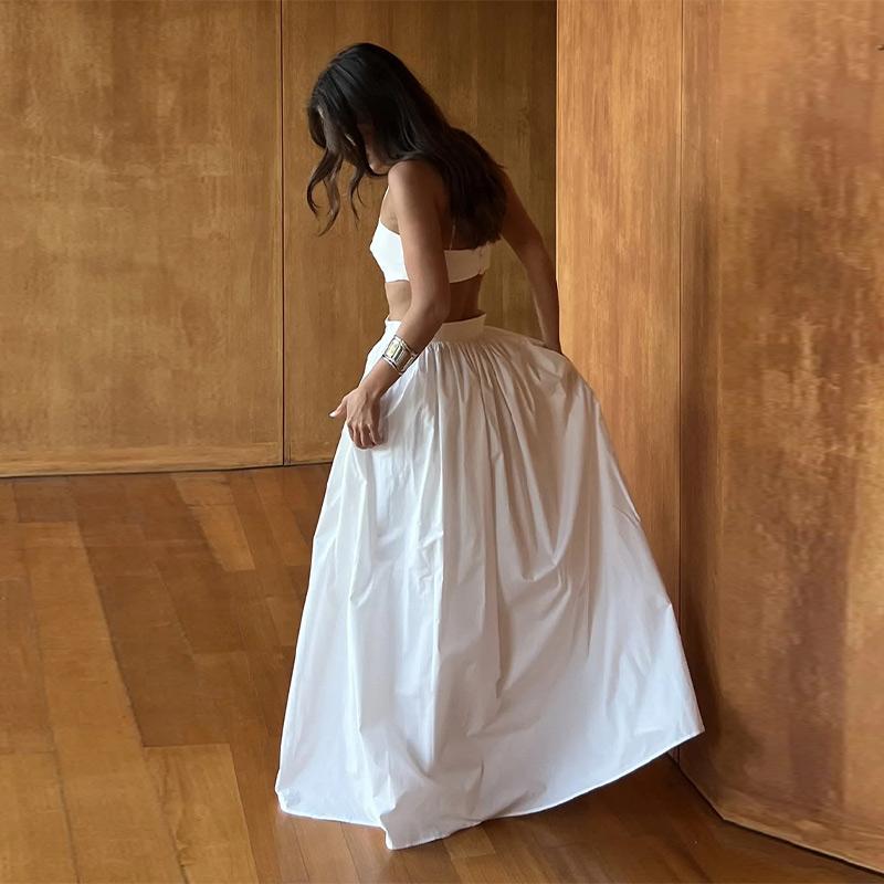 Women Elegant Cotton Camisole Top Casual Skirt Suit 2025 Spring and Summer Fashion Solid Color Sexy Wrapped Vest Long Skirt Set