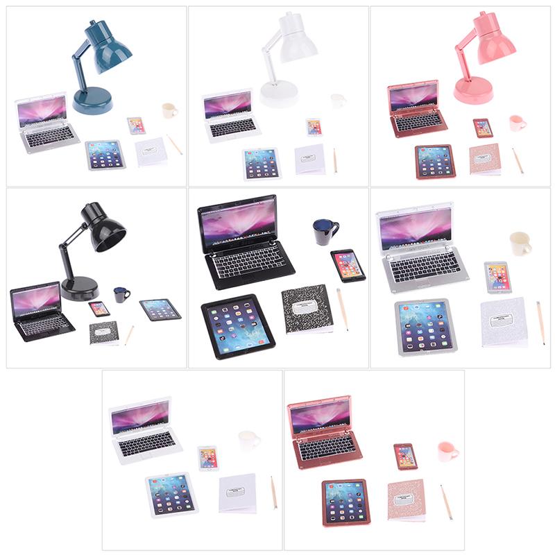 1:12 Dollhouse Miniature Laptop Phone Tablet Desk Lamp Book Desk Set Decor Toy