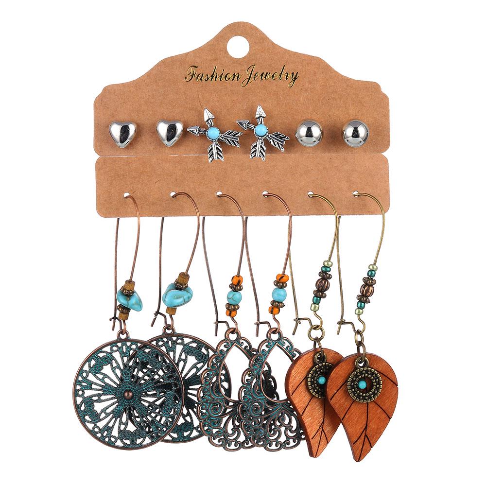 6 Pcs / Set Bohemian Ladies Vintage Tassel Pendant Starfish Pearl Ethnic Style Leaf Pattern Earrings KTJ