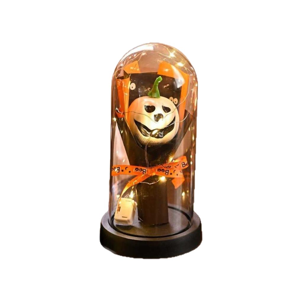 2025 New Halloween Lights LED Glass Dome with Artificial Plants Light-up Pumpkin Cloche for Home Kitchen Mantel Party Decor