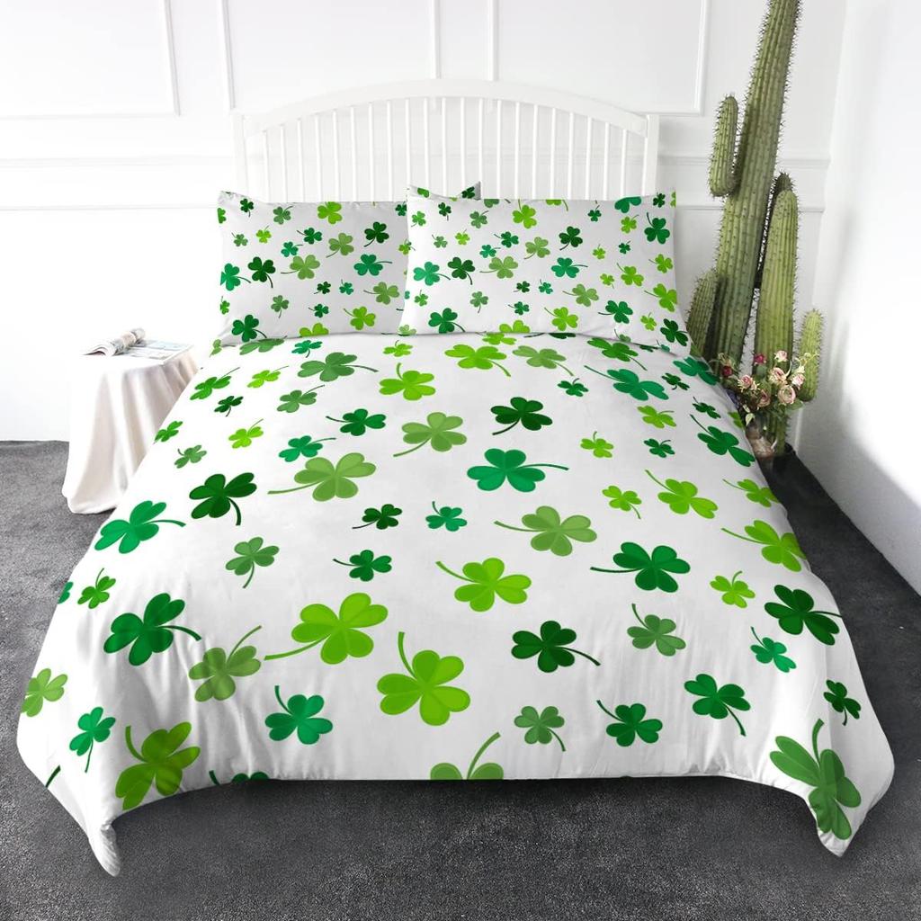 Green Animal Plant Pattern Duvet Cover Queen King Size HD Printed Shamrock Green Bedding Set 3 Piece Set and 2 Pillowcase T