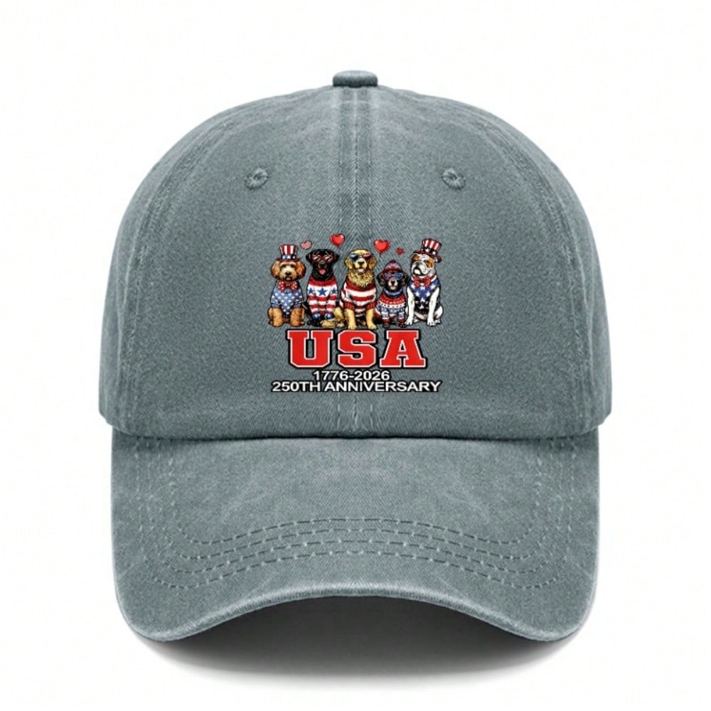 [USA Dog Print Baseball Cap] Vintage Washed Adjustable Hat Unisex Breathable Soft Polyester Casual Outdoor Sports For 250Th Anniversary Celebration
