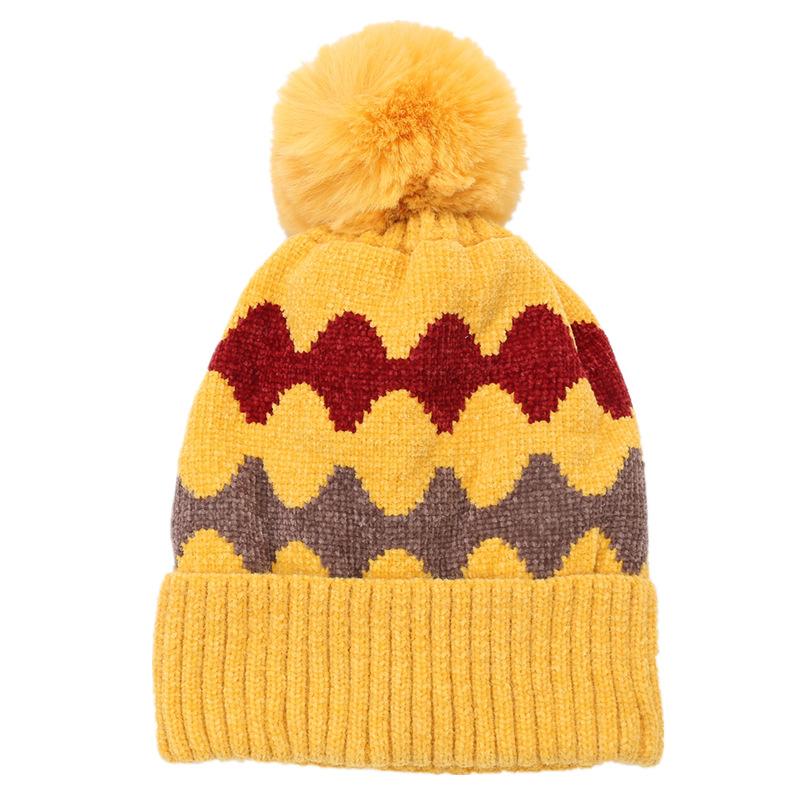 Women's Autumn Winter Plush Warm Knit Hat Chenille Soft Wave Wool Ball Wool Hat