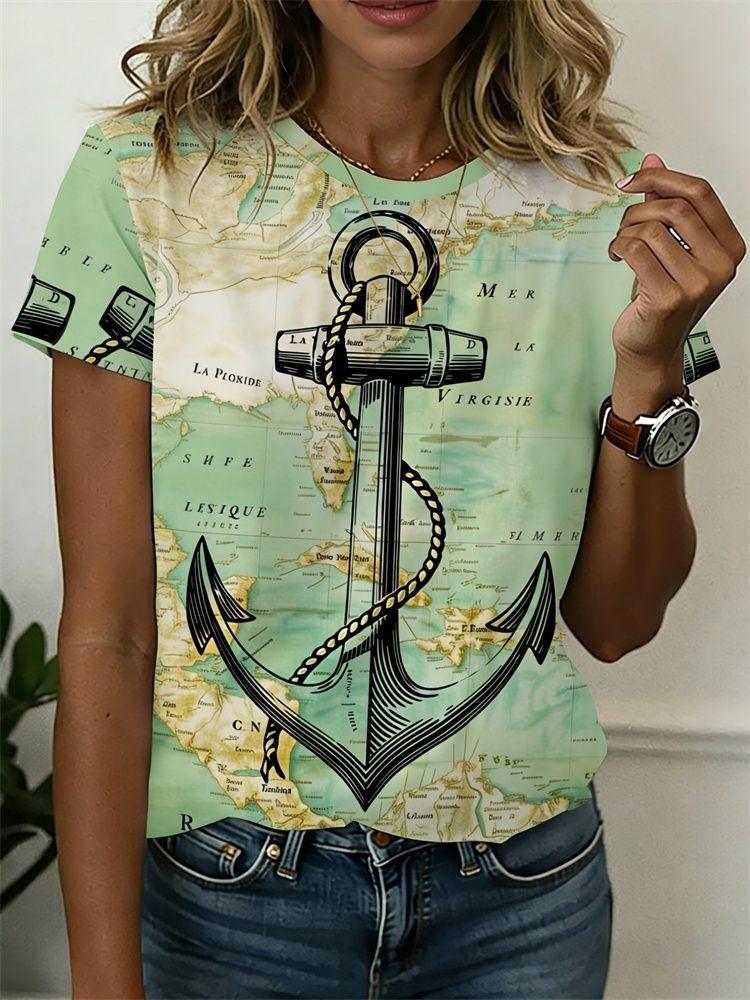 Summer Anchor Stripe 3D Print T-Shirts Women Casual Short Sleeve Round Neck T Shirt Harajuku Y2K Tees Top Female Street Clothing