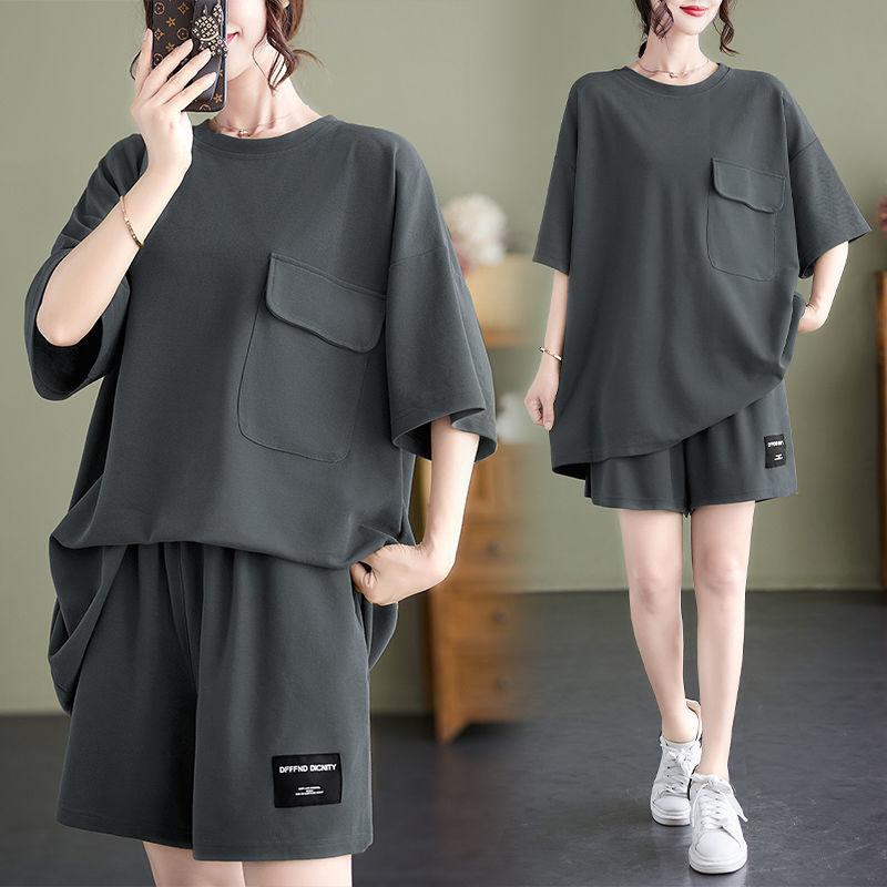 Summer Casual Suit for Women, Loose Large Size, Slim, Fashionable, Versatile Short-sleeved Shorts Two-piece Set, Slightly Fat