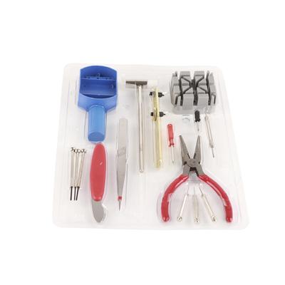 Kit di attrezzi per la riparazione di orologi in metallo, set completo di attrezzi per la sostituzione di parti di orologi con custodia per il trasporto per riparatori, 16 pezzi