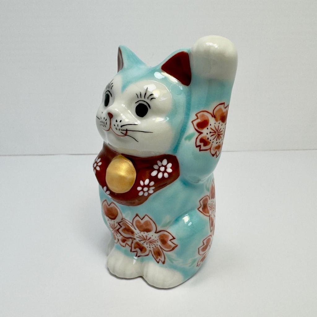 Kutani Ware Maneki Neko 10.2cm Tall Turquoise Blue