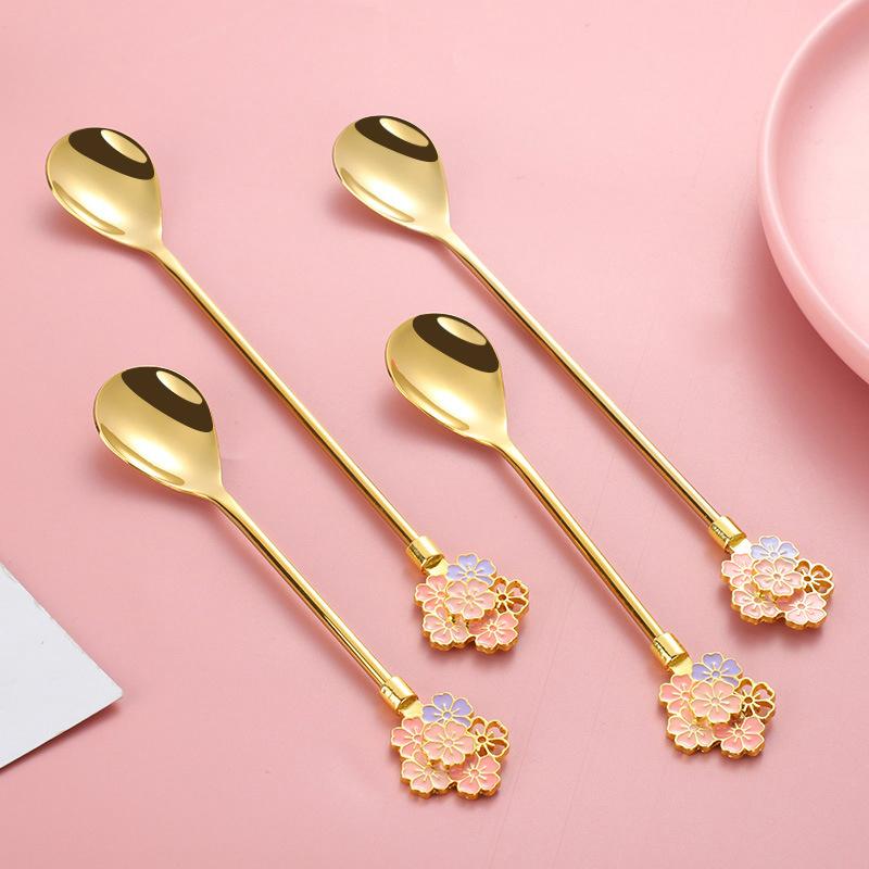 Stainless Steel Japanese Cherry Blossom Spoon Exquisite Dessert Long Handled Ice Spoon Household Bird'S Nest Mixing Spoon