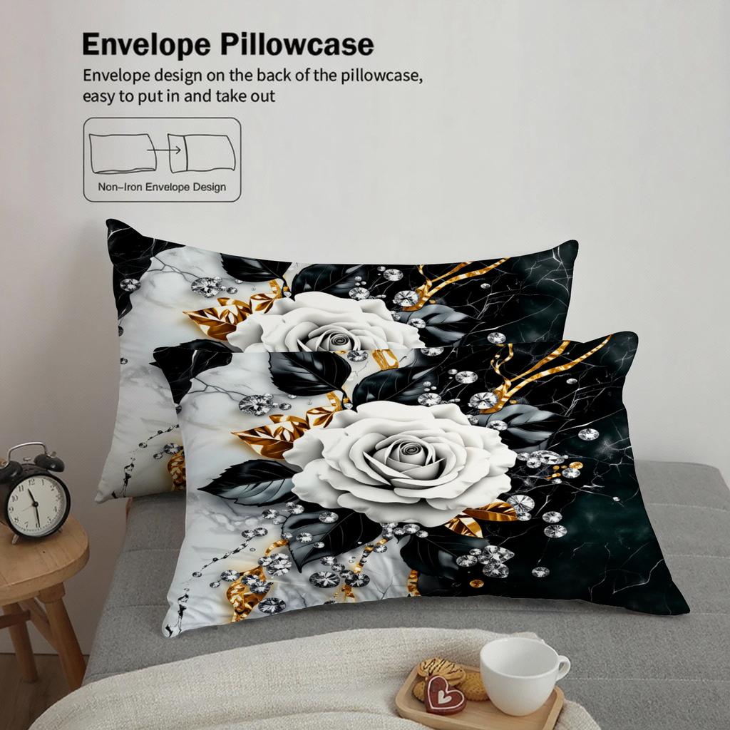 3pcs Rose Flower Bedding Sets 3D Printed Black White Gold Floral Duvet Cover Sets With Pillowcases No Filling Luxury For Women
