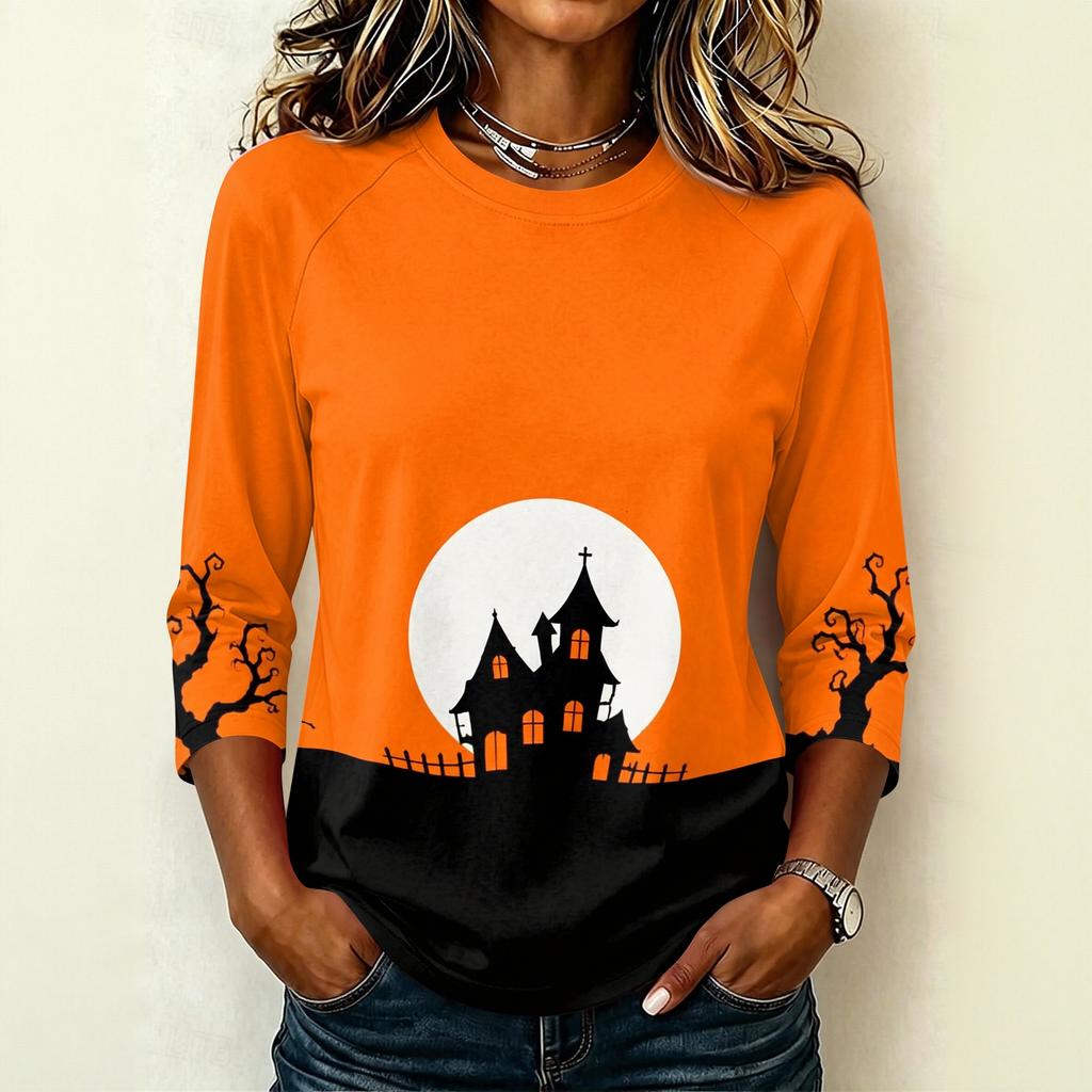 Women's Casual Raglan Sleeve Crew Neck Three Quarter Sleeve Halloween Graphic T Shirt Top for Everyday Wear
