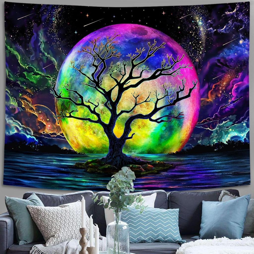 Faxdong Blacklight Moon Tapestry, UV Reactive Tree Lake Colorful Starry Night Galaxy Space Clouds Wall Tapestry for Bedroom Decor 36×48 Inch
