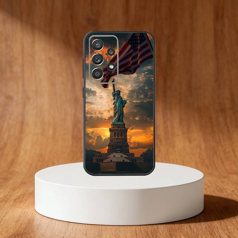 America USA Flag S-Statue Liberty Phone Case For Samsung S25,S24,S21,S22,S23,S30,Ultra,S20,Plus,Fe,Note,10,9,5G Black Cover