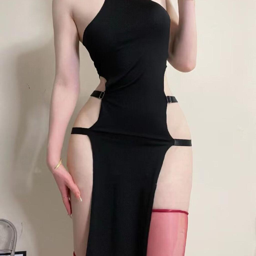 Sexy cuello halter elástico cintura alta doble abertura cheongsam con tirantes cadera vestido largo ajustado fino