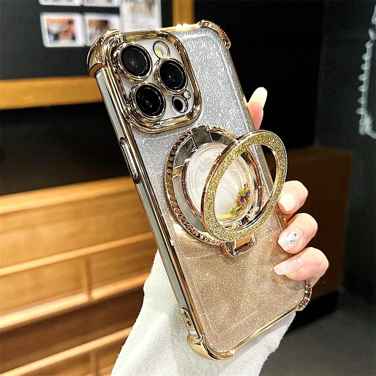 

Роскошный чехол для телефона с блестящим порошковым покрытием и подставкой для iPhone 11 12 13 14 15 Pro Max 12 Pro 13 Pro 15 Plus, мягкий чехол из ТПУ с защитой от падения iPhone 13 Pro золотой