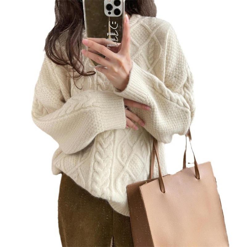 Solid color twist sweet and gentle round neck pullover sweater women's autumn and winter new fashion age-reducing knitted sweater top