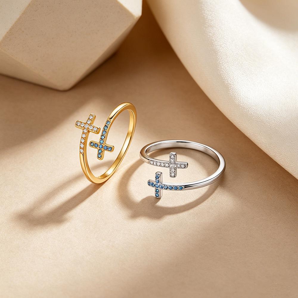 Elegant Cross Rhinestone Sterling Silver Open Ring - Versatile Luxury Jewelry