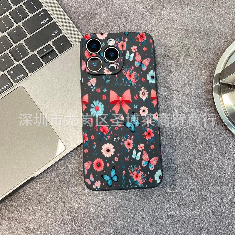 Bow flowers and plants are suitable for iPhone15 mobile phone case 14PROMAX all-inclusive 13 anti-drop 16/15 protective case 17