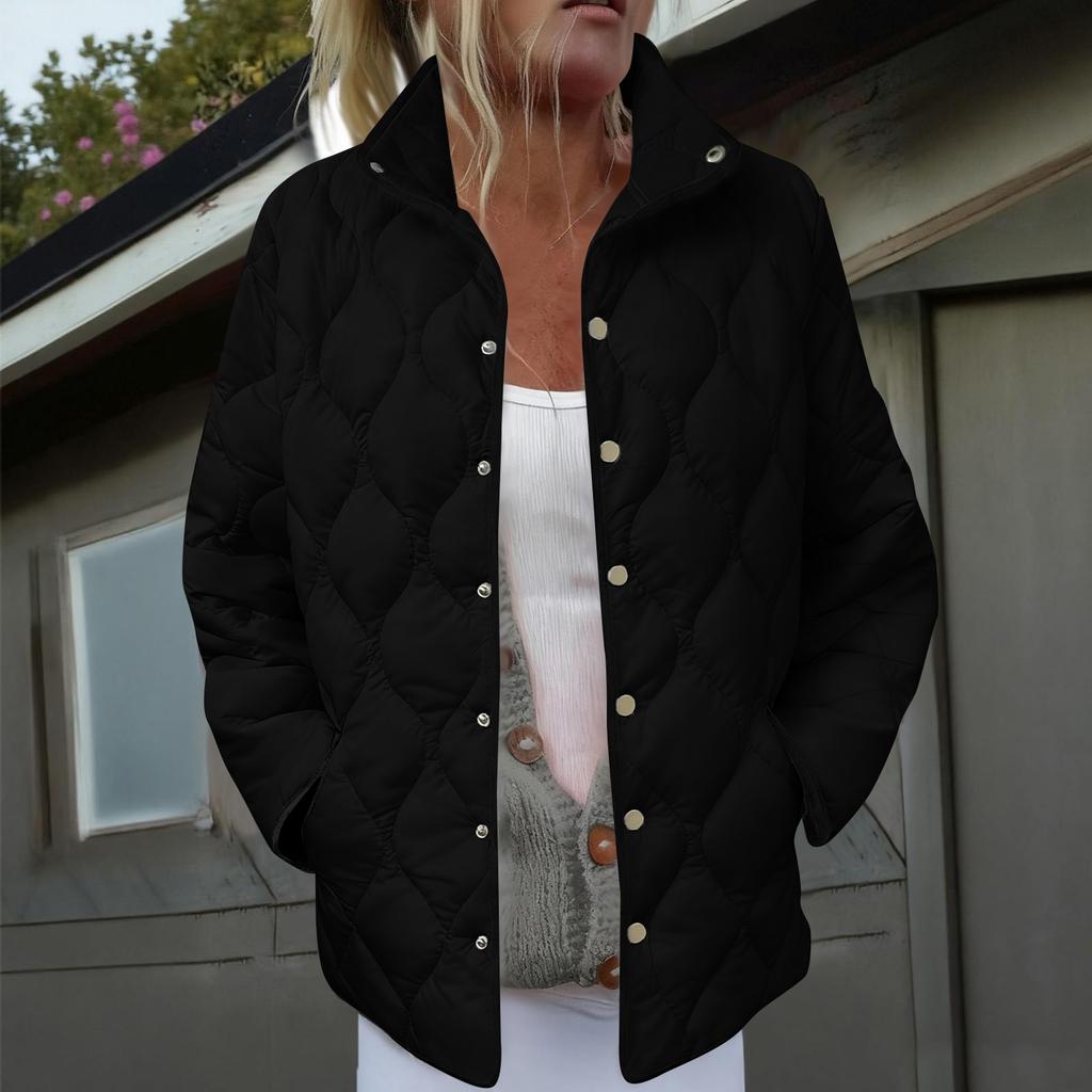 Women's Solid Color Stand-Up Collar Pleated Cotton Long Sleeve Button-Up Jacket
