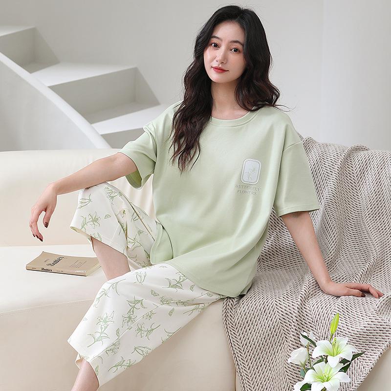 Pajamas Women's 1011 New Summer Women's Modal Cotton Short-sleeved Cropped Pants Show Wan Loungewear Summer Suit