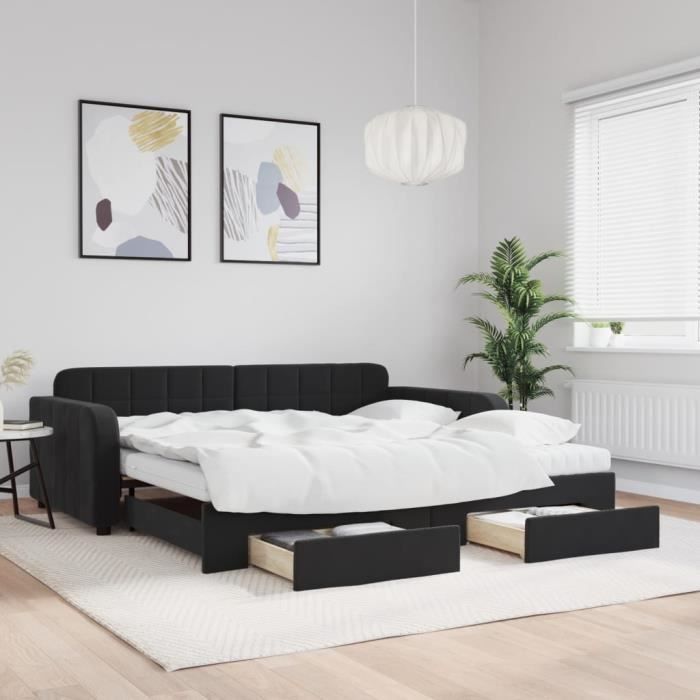 VidaXL Daybed with Trundle and Drawers Black 100x200 Cm Velvet 3197012