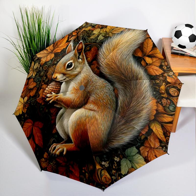 Autumn Leaves Squirrel Umbrella Automatic Open/close, Sturdy Iron Frame & 8-Rib Struct, Umbrella for Women & Men, Christmas Gift