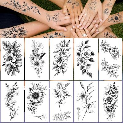 10sheets Black & White Flowers Tattoo Stickers For Wrist Shoulder Arm Body Temporary Waterproof Decorative Tattoo Stickers