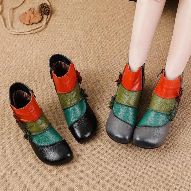 Johnature Ethnic Style Flower Mixed Colors Genuine Leather Women's Versatile Boots Warm Cotton Shoes
