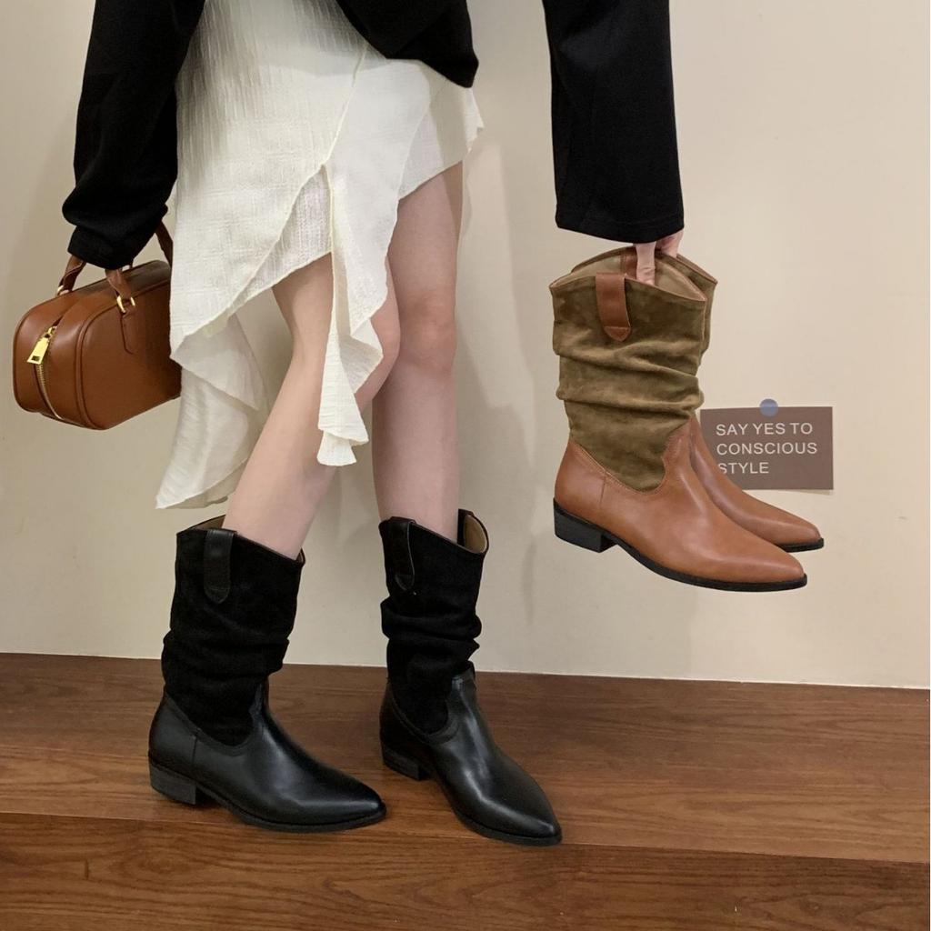 2025 new pointed pile boots medium tube fashion thick heel Martin women's boots versatile fashion hot girl boots