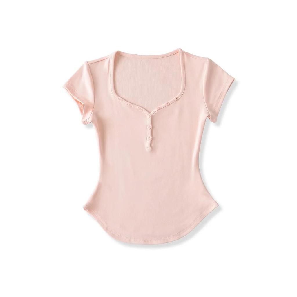 Damen Einfarbiges Slim-Fit T-Shirt mit Herzausschnitt & Gebogenem Saum