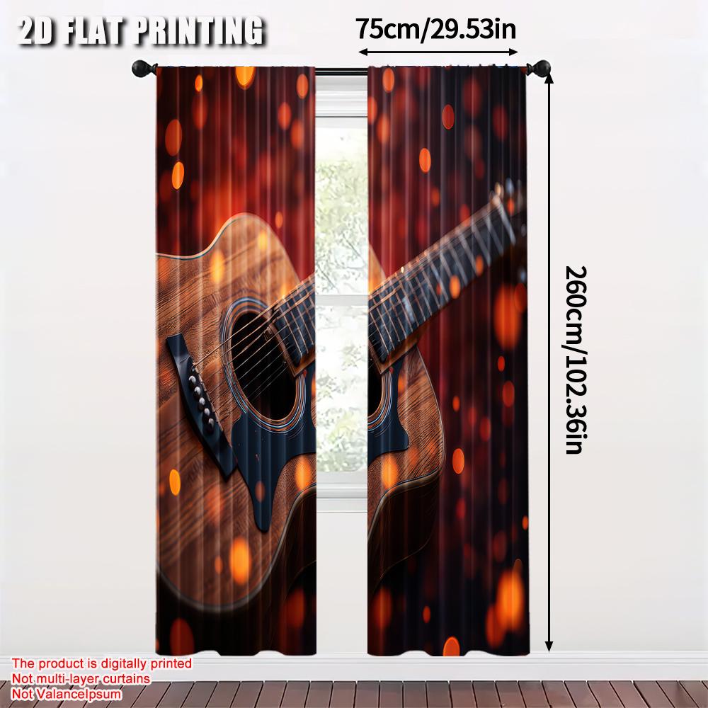 Elegant Set Of 2 Flat Printing Scene Curtains Wooden Guitar Bokeh Fabric Without Electricity Birthday Party Applies Polyester Curtain Made
