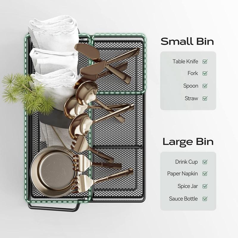 Black Basket Metal Basket With 4 Compartments, Mesh Flatware Holder Organizer Perfect For Home, Kitchen, Party, Camping