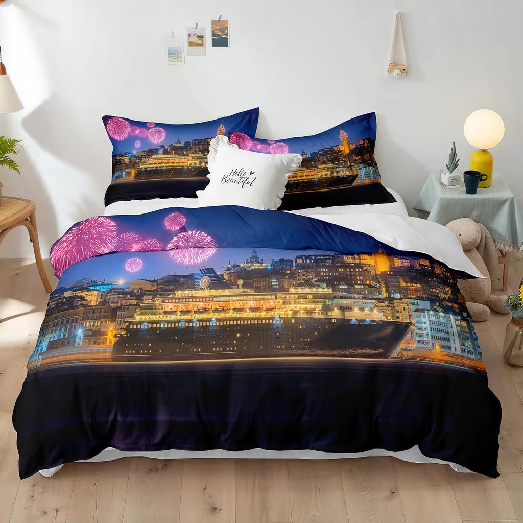 Blue Fireworks Duvet Cover Set 3D Romantic Theme Beautiful City Night New Year Festival Accessories for Kids Teens Bedroom Decor