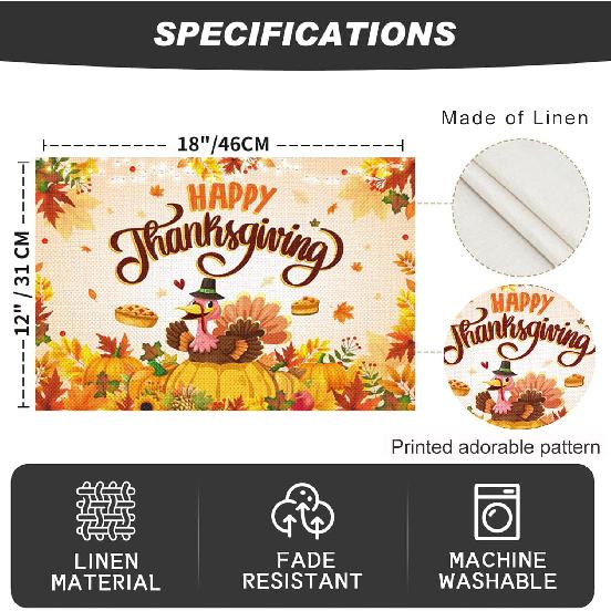 Happy Thanksgiving Placemats Set of 4, Turkey Placemats for Party Supplies, 12 X 18 Inch