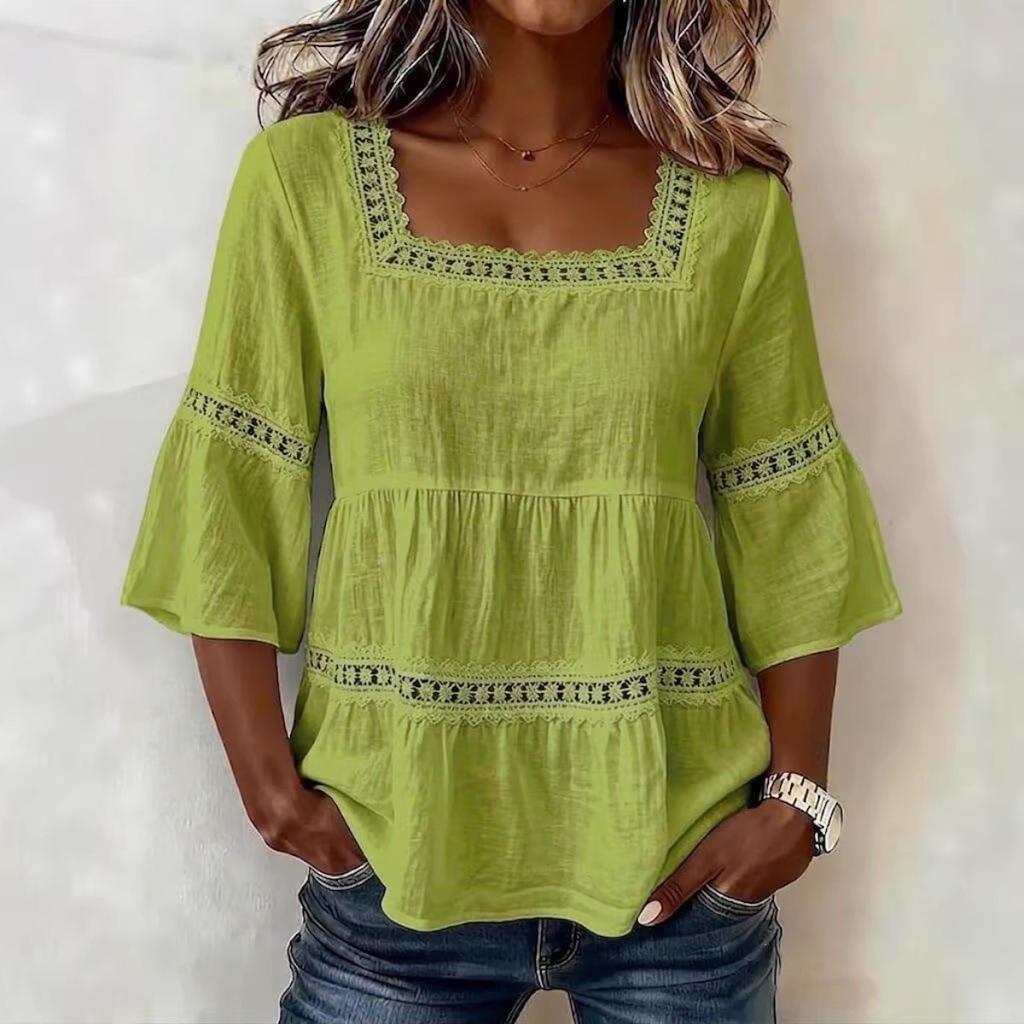 Summer Women's Solid Color Linen Cotton Square Neck Lace Trim 3/4 Sleeve Casual Top