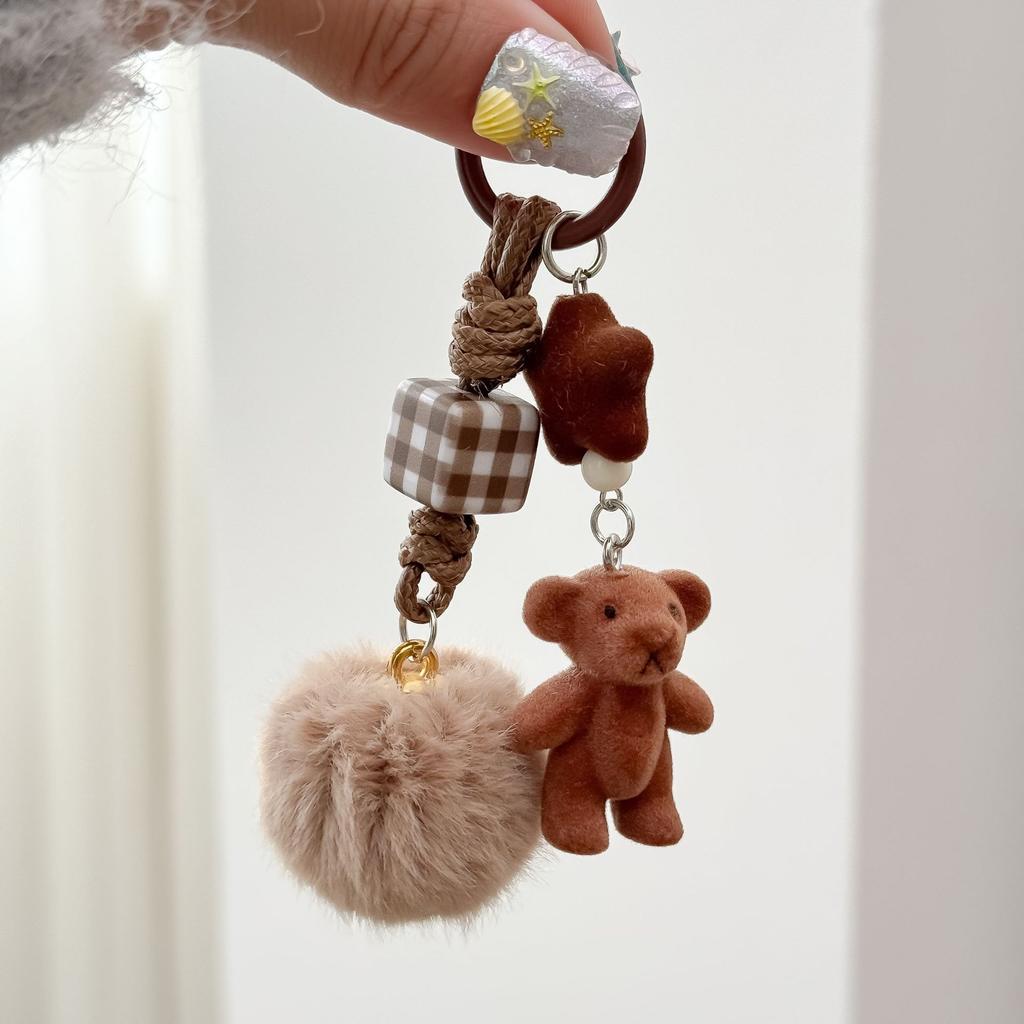 Korean-style Ins Cute Bear Pendant, Flocked Puppy Car Key Pendant, Handmade Braided Rope Pendant, Fur Ball Bag Pendant
