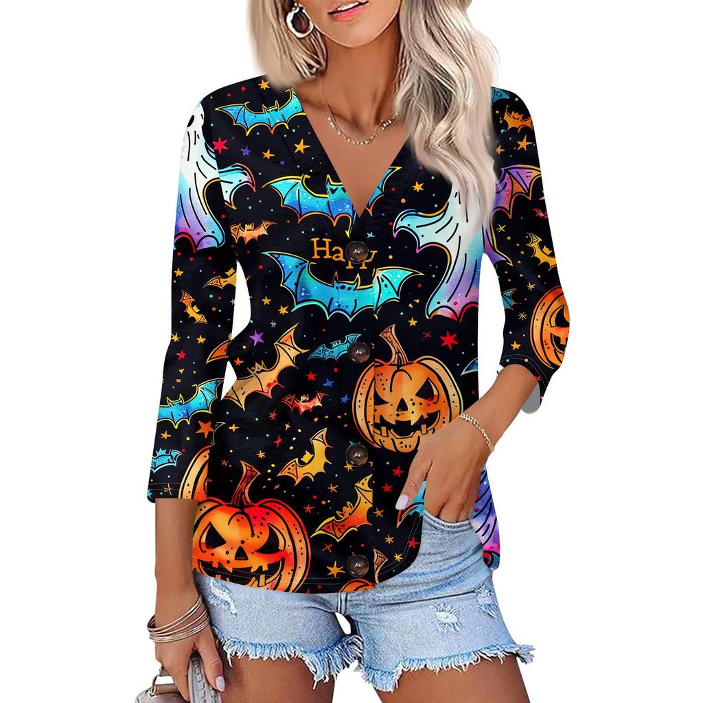 Women's Fashion Casual Print Button-down Shirt 3/4 Long Sleeve Tops