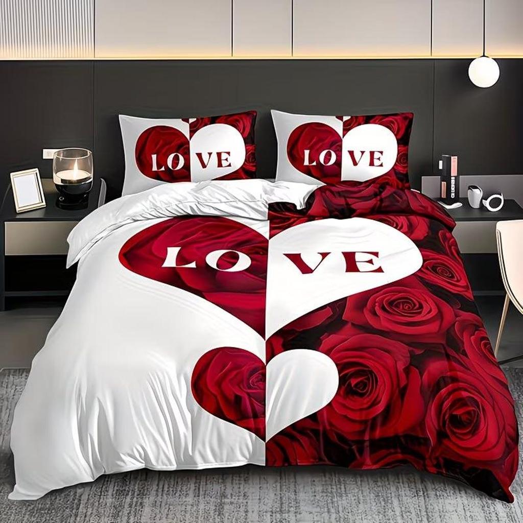 3pcs Duvet Cover Set Featuring High-Definition Printed Red And White Heart Roses with Letters Love Gifts for Couples Anniversary