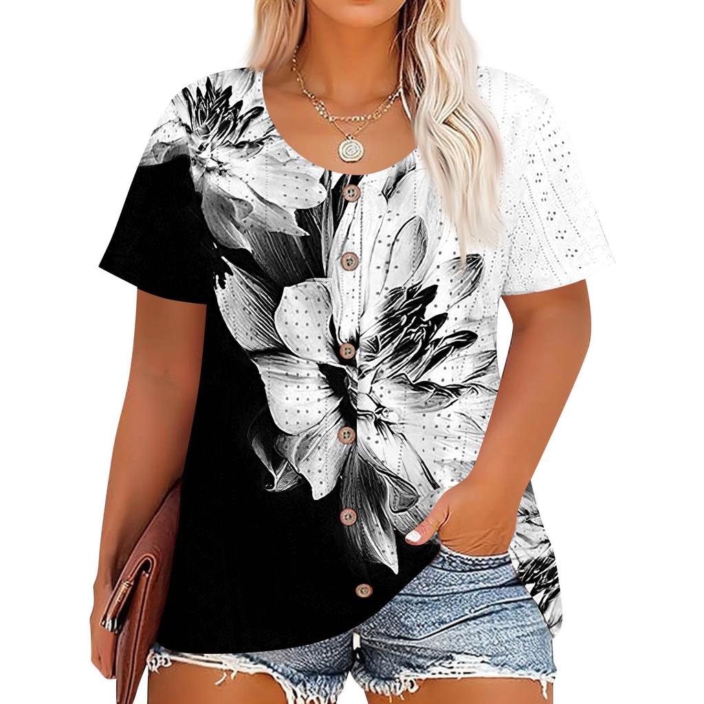 Plus Size Women's Fashion Casual Vintage Printed O-Neck Short Sleeve Button T-Shirt Top
