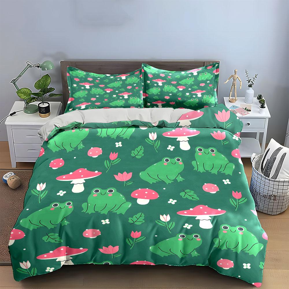 Frog and Mushroom Pattern Set Bedding Duvet Cover Set (1*Duvet Cover 2*Pillowcases, without duvet insert)