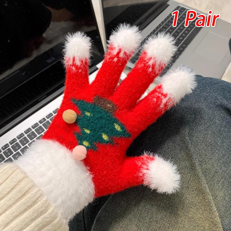 1 Par Handskar Varma Med Blottade Fingrar Cykel Julgran Söta Pekskärm Studenter Fluffiga Utomhus Snöflinga Vinter Kvinnor