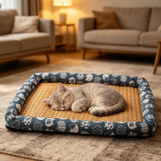 Pet Cooling Mat Summer Cooling Dog Bed Mat Washable Cooling Rattan Mat with Raised Edge Non-slip Bottom for Cats And Dogs