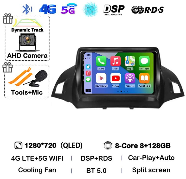 Radio multimedia con Android 14 y Carplay para Ford Kuga Escape 2013, 2014, 2015 y 2016, reproductor de vídeo, GPS, estéreo, 4G, WIFI, unidad principal
