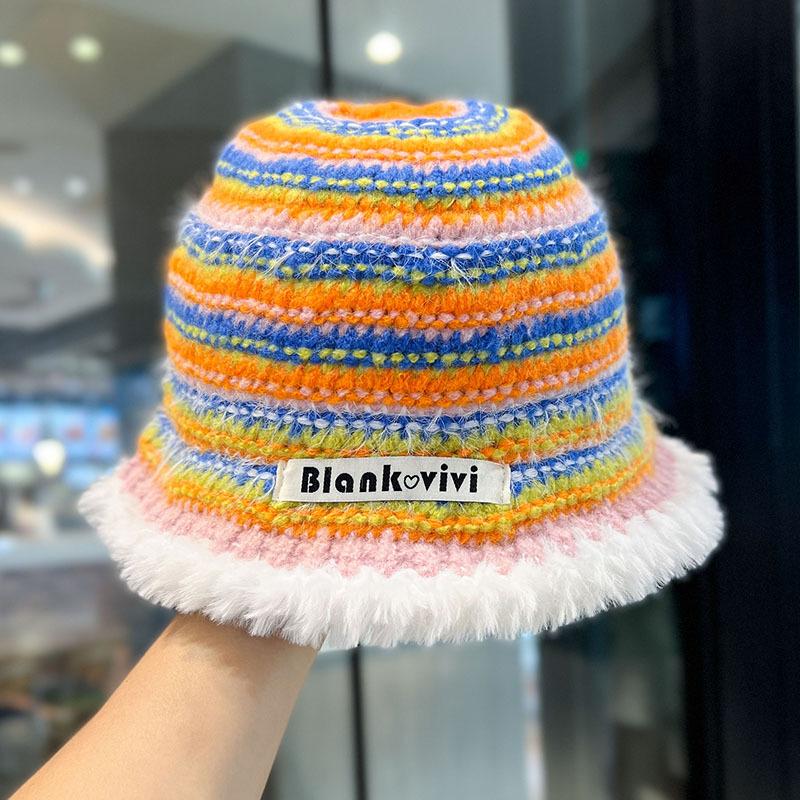 

Japanese Colorful Striped Color Blocked Fisherman Hat Women s Dopamine Knitted Wool Hat Autumn and Winter Retro Street Style Basin Hat One size
