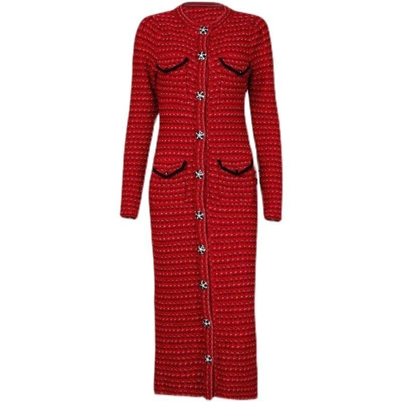 Hui Neujahrsrobe, roter Strickpullover-Rock, Rundhalsausschnitt-Kleid, Damenbekleidung, Herbst und Winter hochwertiges langes Kleid