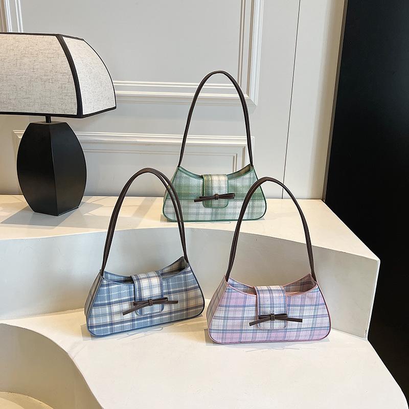 Bow Fashion 2025 New Women's Bag Trendy Personalized PU Leather Plaid Baguette Underarm Bag Casual Shoulder Women's Bag