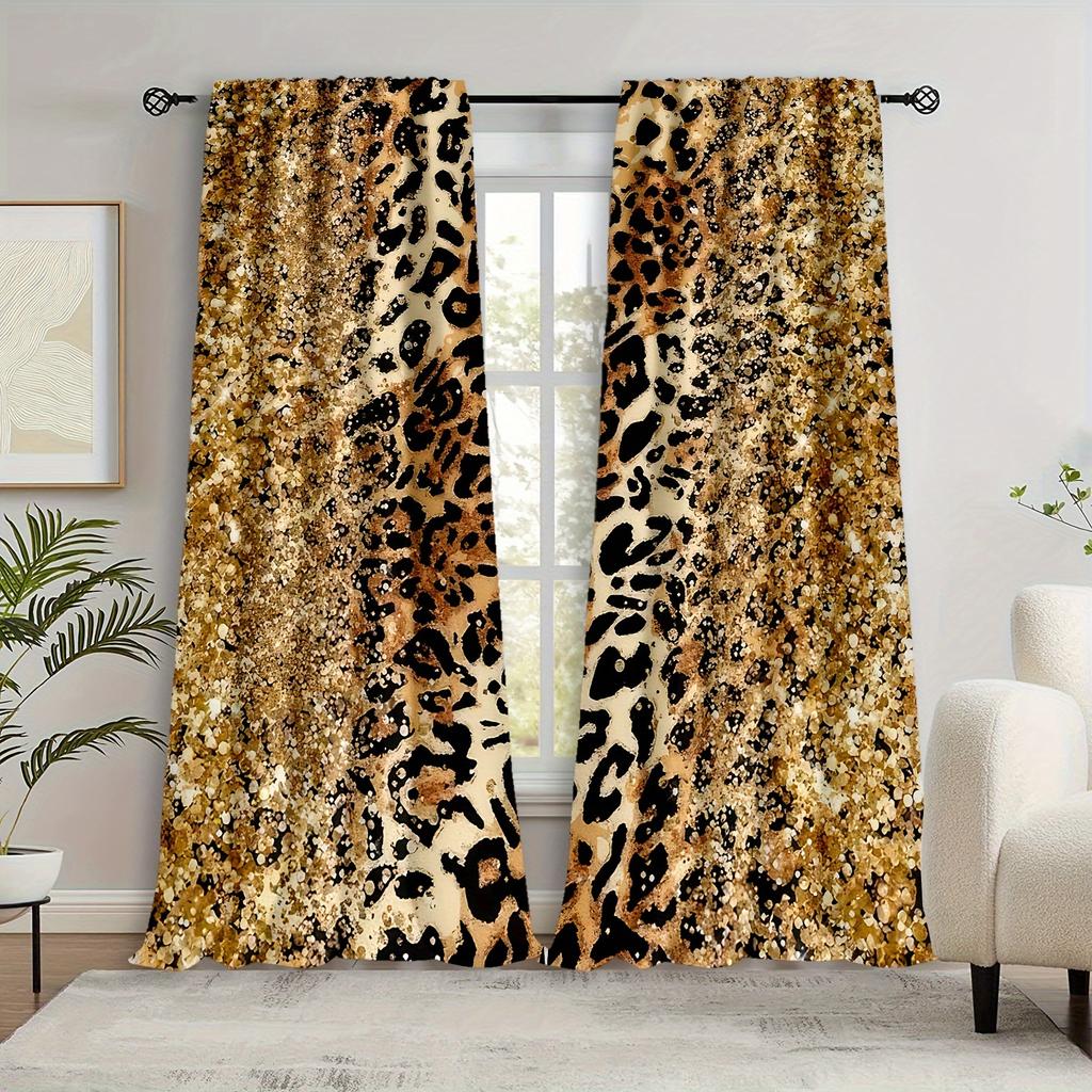 Set Of 2 Luxury Golden Leopard Curtains Hd Digital Print Design Living Room Bedroom Study Window Decor Style Curtain With Rod Pocket Polyester Ideal