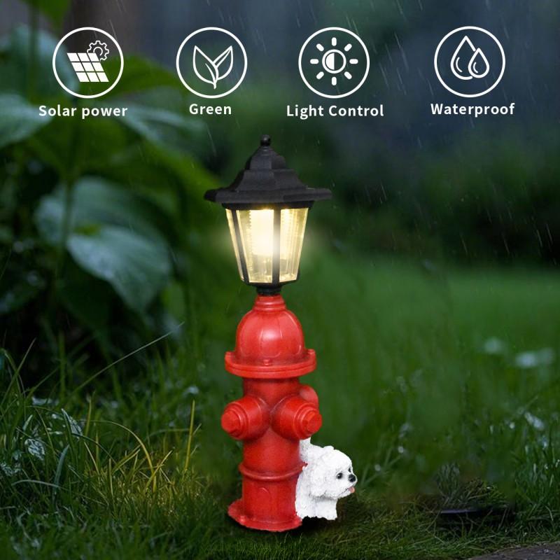 Solar Powered Resin Fire Hydrant Dog Garden Ornament Outdoor Waterproof Lawn Decor