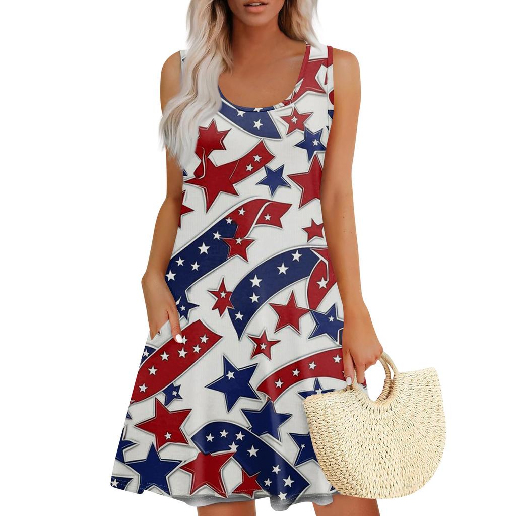 Women's Summer Casual Square Neck Independence Day Printed Dress Sleeveless Dress With Pockets