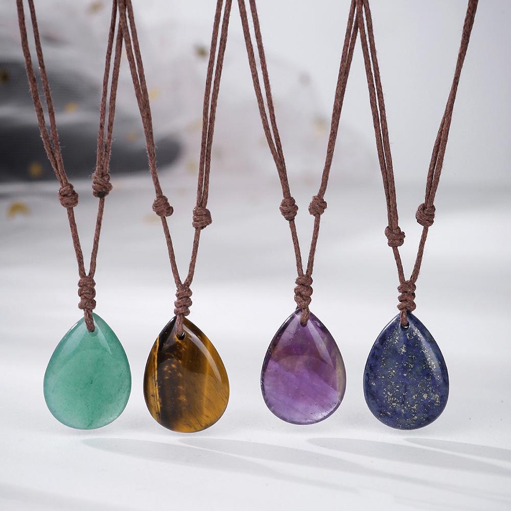 Natural crystal pendant, amethyst necklace, hand woven, water droplet jewelry