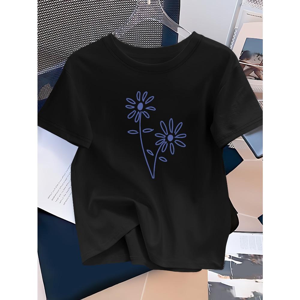 Women's Casual Elegant Blue Line Floral Graphic Print Round Neck Short Sleeve Fashion Casual Woman Summer T-Shirt Clothing
